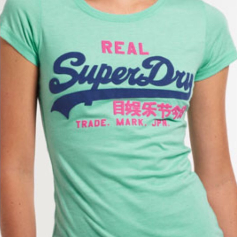 Superdry mint green T-shirt with pink logo